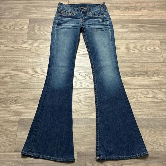 Vintage Y2K True Religion Low Rise Flare Blue Jeans Size 27 Distressed Western - Picture 1 of 7